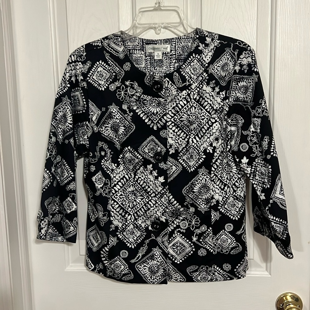 Coldwater Creek blazer. Lined, size 10, black/White, Floral